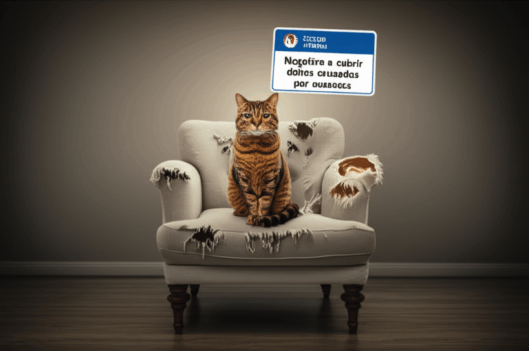 Un gato con expresión de no fui yo sentado en un sillón destrozado, con un seguro de hogar flotando intacto a su lado. Representa: Negativa a cubrir daños causados por mascotas