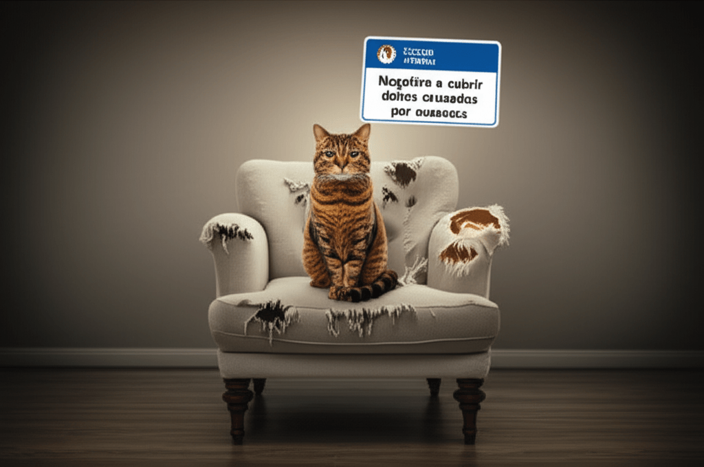 Un gato con expresión de no fui yo sentado en un sillón destrozado, con un seguro de hogar flotando intacto a su lado. Representa: Negativa a cubrir daños causados por mascotas