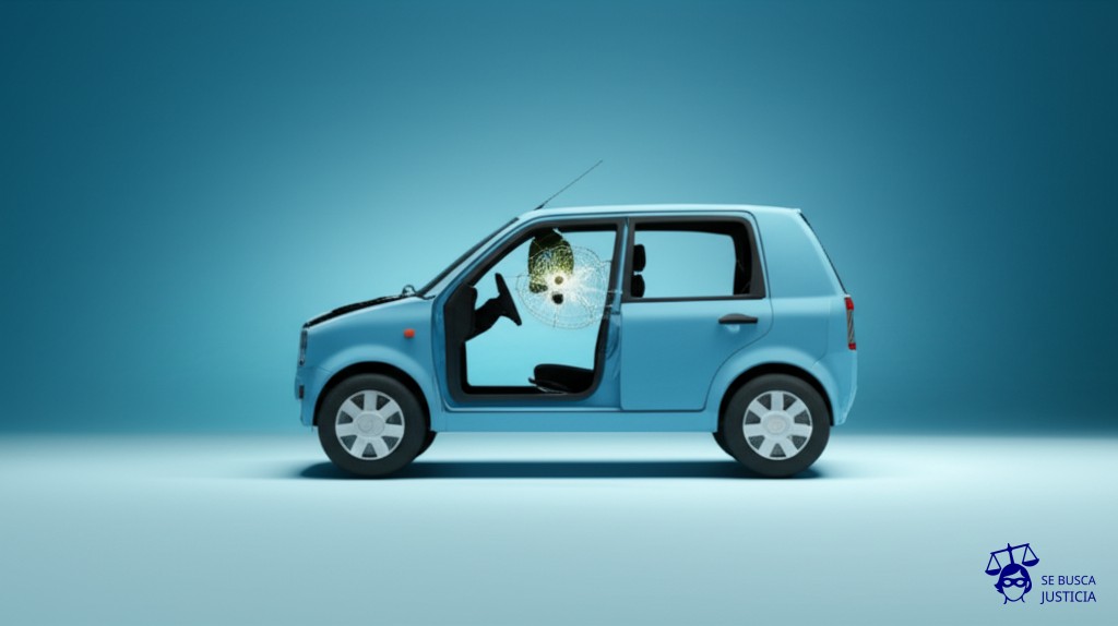 Un coche destrozado, con un enorme agujero en el parabrisas por el que se ve un cactus. Representa: Negativa a cubrir daños derivados de uso indebido del vehículo
