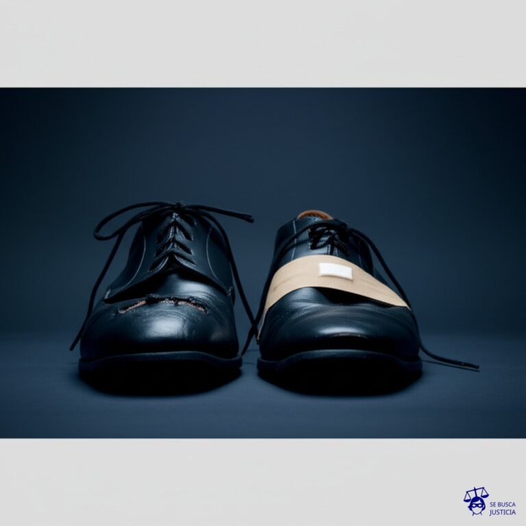 Un par de zapatos, uno con un agujero y el otro intacto. El zapato con agujero tiene un vendaje colocado torpemente. Representa: Negativa a cubrir daños en casos de negligencia compartida