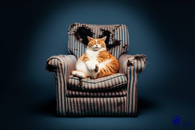 Un gato gordo y satisfecho, sentado sobre un sillón destrozado, lamiéndose las patas. Representa: Negativa a cubrir daños por actos de vandalismo interno