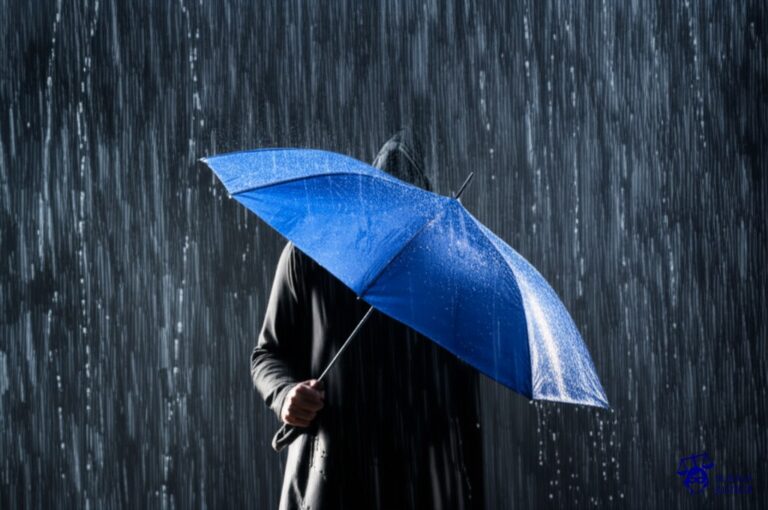 Un paraguas roto, con el mango completamente desprendido, intentando inútilmente proteger a una persona que se empapa bajo una lluvia torrencial. Representa: Negativa a cubrir daños por fuerza mayor o eventos naturales