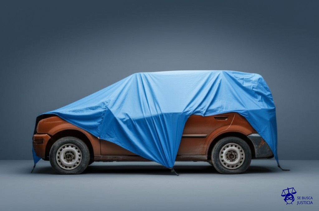 Un coche destrozado, oxidado y con las ruedas pinchadas, cubierto por una lona con la forma de un paraguas roto. Representa: Negativa a cubrir daños por incumplimiento de mantenimiento