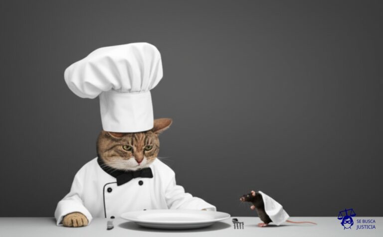 Un gato (representando al propietario) usando un gran sombrero de chef y sirviendo un plato vacío a un ratón (el inquilino) con una servilleta arrugada. Representa: Negativa a cubrir gastos de alquiler durante reparación