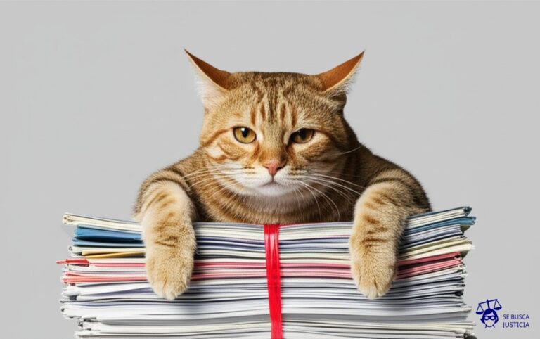 Un gato gordo y satisfecho, echado sobre una pila de documentos importantes, con las patas delanteras extendidas, impidiendo el paso. Representa: Negativa a cumplir con fallos judiciales de amparo bancario