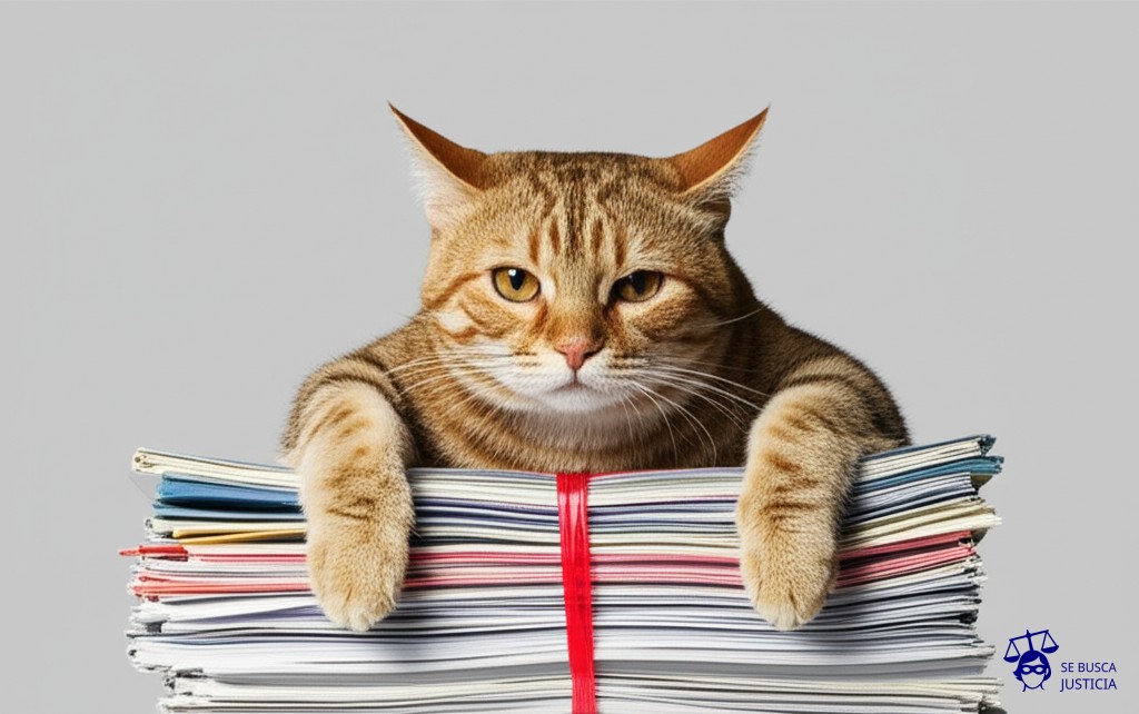 Un gato gordo y satisfecho, echado sobre una pila de documentos importantes, con las patas delanteras extendidas, impidiendo el paso. Representa: Negativa a cumplir con fallos judiciales de amparo bancario