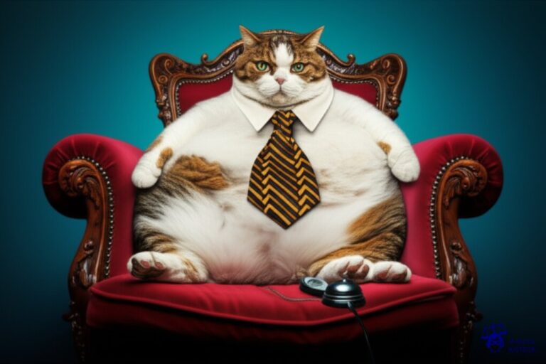 Un gato obeso, con una corbata ridículamente grande, sentado en un sillón de terciopelo, ignorando un timbre que suena insistentemente. Representa: Negativa a cumplir sentencias arbitrales internacionales