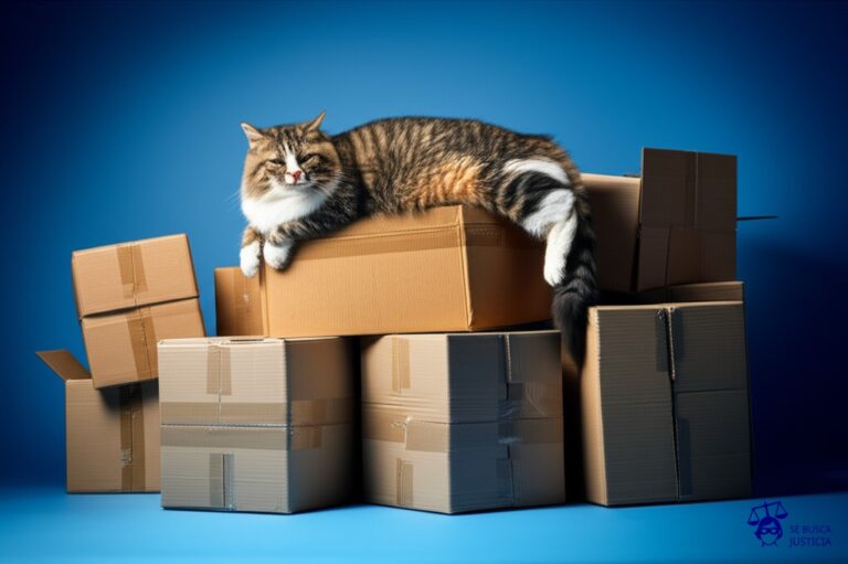 Un gato gordo y satisfecho, recostado sobre un montón de cajas de cartón rotas. Representa: Negativa a devolver producto defectuoso