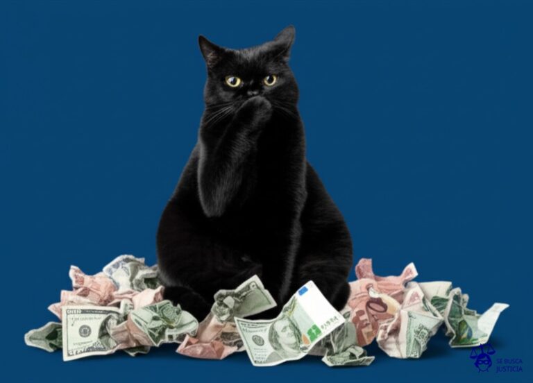 Un gato negro, gordo y con una expresión de fastidio, sentado sobre una pila desordenada de billetes arrugados y con una mano cubriendo la boca, como si estuviera impidiendo que salga algo. Representa: Negativa a emitir factura