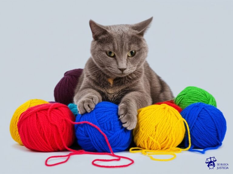Un gato gordo, sentado en un montón de ovillos de lana, con las garras afiladas y mirando fijamente a un ovillo de lana deshilachado que se le ofrece. Representa: Negativa a firmar tratados de desarme