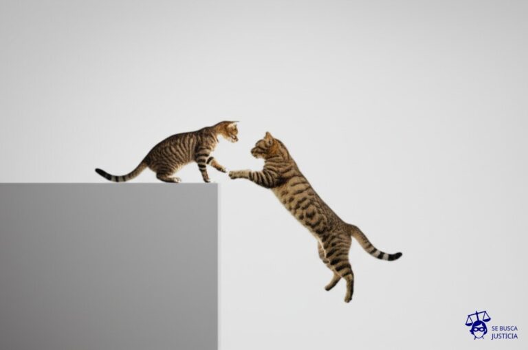 Un gato, con una gran sonrisa, empujando a otro gato (el dañado) fuera de un precipicio. Representa: Negativa a indemnizar daños causados por terceros