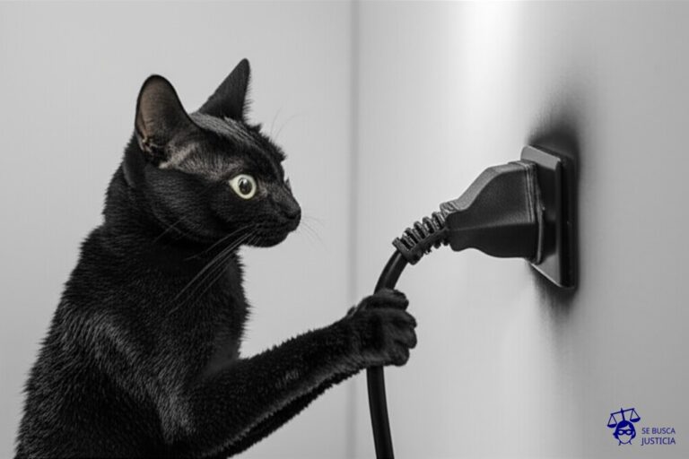 Un gato calcinado, con el pelo erizado y los ojos saltones, intentando inútilmente enchufar un enchufe chamuscado a una pared carbonizada. Representa: Negativa a indemnizar por daños en instalaciones eléctricas