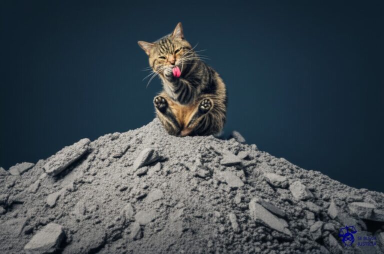 Un gato gordo y satisfecho, sentado sobre un montón de escombros, lamiéndose las patas. Representa: Negativa a indemnizar por daños por terremoto