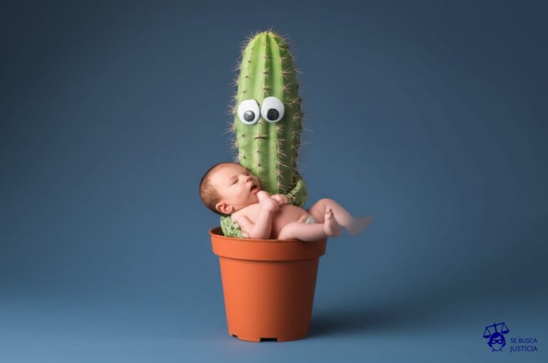 Un cactus con un bebé llorando en su regazo. Representa: Negativa a otorgar licencias por maternidad