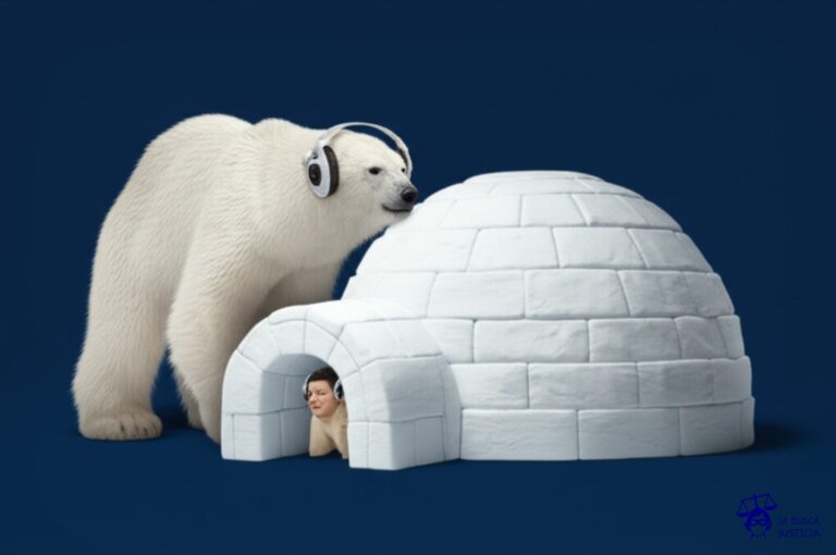 Un gran oso polar (el padre) bloqueando con su cuerpo la entrada a un iglú (el hijo), mientras usa unos auriculares. Representa: Negativa a permitir llamadas telefónicas entre padre e hijo