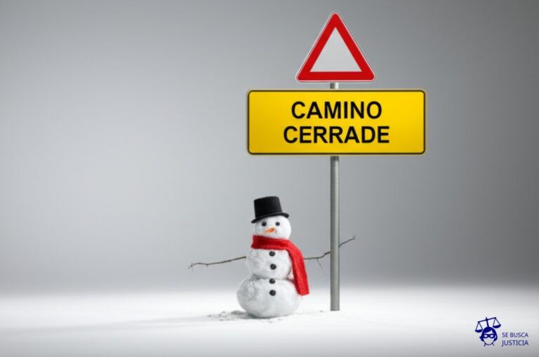 Un muñeco de nieve derretido, con solo el sombrero y la bufanda intactos, apoyado contra un poste de señalización que indica Camino Cerrado. Representa: Negativa a reincorporación post accidente