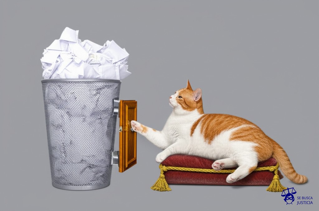 Un gato gordo y satisfecho, echado en un lujoso cojín, empujando con una pata una puerta de salida que lleva a un cubo de basura lleno de desperdicios. Representa: Negativa a renovar la póliza sin causa