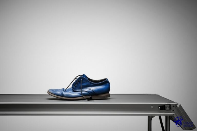 Un zapato roto a la mitad, con la suela despegada, intentando desesperadamente caminar sobre una cinta transportadora que se aleja. Representa: Negativa de ART a cubrir trayecto in itinere