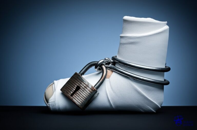 Un gran y robusto candado oxidado, sujetando firmemente un yeso roto. Representa: Negativa de aseguradora a cubrir lesiones