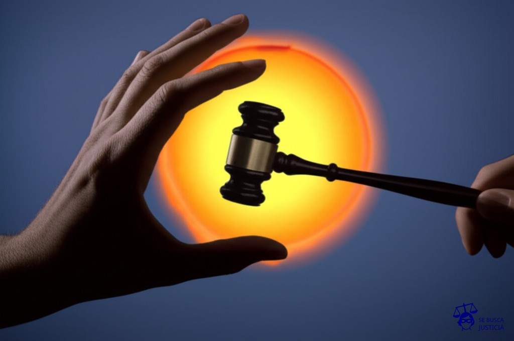 Un gran sol radiante (representando la salud y el bienestar del niño) siendo tapado por una mano gigante y sombría (representando la negativa paterna), mientras un pequeño martillo (representando la intervención judicial) intenta golpear la mano. Representa: Negativa de uno de los padres a autorizar tratamientos médicos necesarios para el hijo menor, por diferencias ideológicas o religiosas. El conflicto exige intervención judicial urgente para garantizar la salud y el bienestar del niño, basándose en informes médicos periciales.