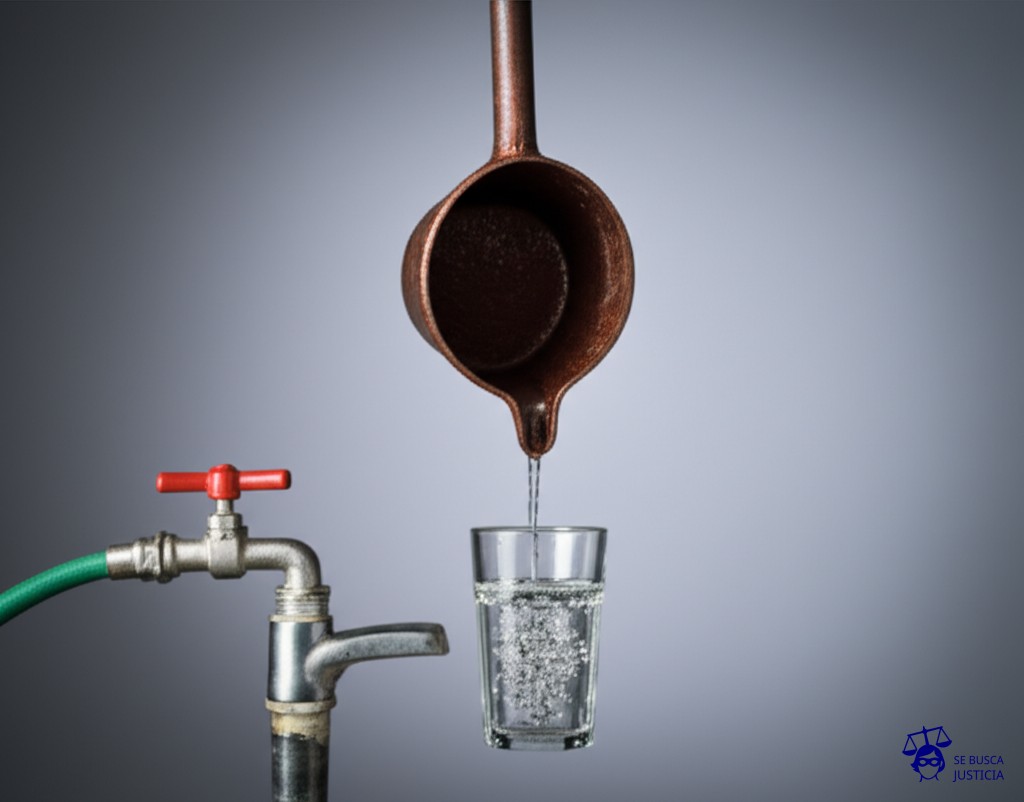 Un gran embudo de metal oxidado (padre) taponando la boca de un pequeño vaso de cristal (niño) que intenta desesperadamente recibir gotas de agua (tratamiento médico) que caen de una manguera (sistema judicial) conectada a un grifo (informes médicos) abierto a medias. Representa: Negativa de uno de los padres a autorizar tratamientos médicos necesarios para el hijo menor, por diferencias ideológicas o religiosas. El conflicto exige intervención judicial urgente para garantizar la salud y el bienestar del niño, basándose en informes médicos periciales.
