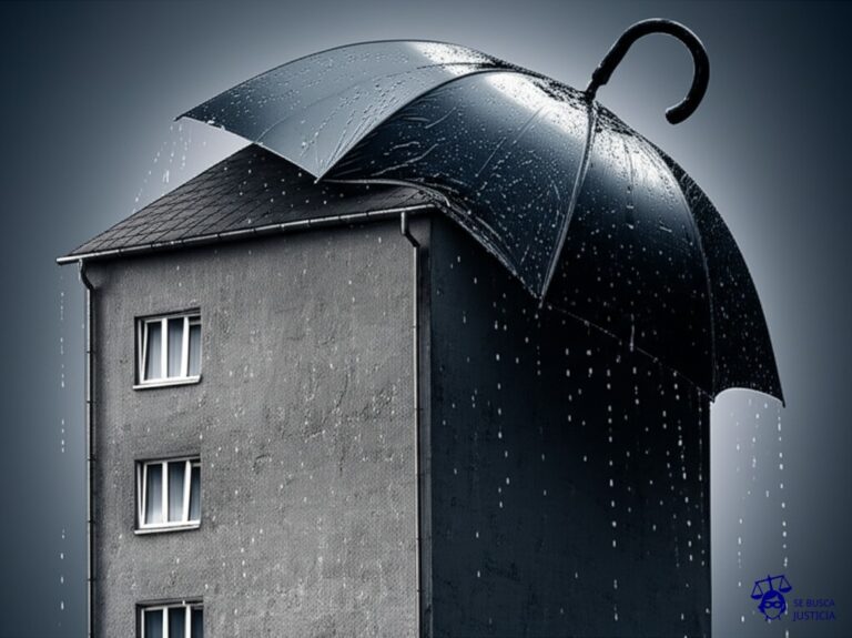 Un edificio con goteras, con un paraguas gigante (pero roto) intentando cubrirlo. Representa: Negativa del consorcio a obras necesarias