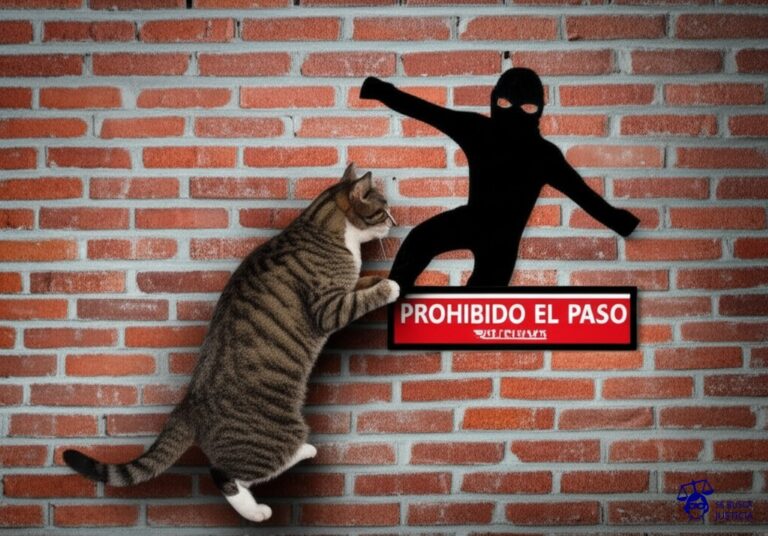 Un gato, con la silueta de un ladrón, intentando escalar una pared de ladrillos, con un letrero de Prohibido el paso en la cima. Representa: Negativa del consorcio a permitir mascotas