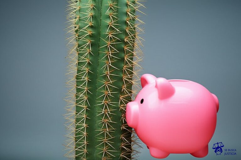 Un cactus robusto, con múltiples brazos espinosos, intentando abrazar torpemente una alcancía de cerdito, pero fallando repetidamente en el intento. Representa: Negativa injustificada a otorgar un crédito