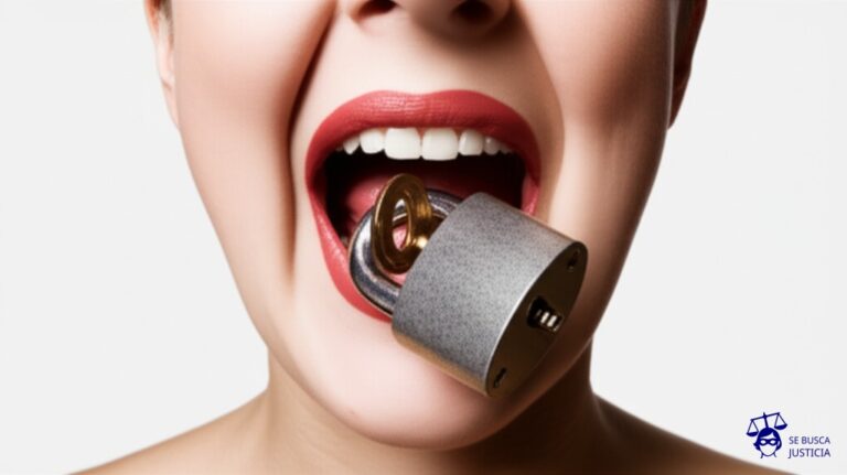 Un gran candado oxidado, con una llave torcida atascada en la cerradura, sellando una boca gigante y sonriente. Representa: Negativa injustificada al acceso a la información pública