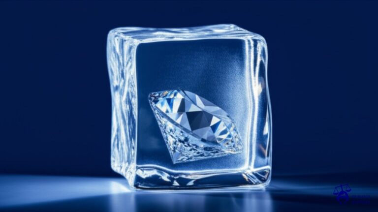 Un gran cubo de hielo derritiéndose lentamente, pero con una pequeña y brillante joya en su interior que nunca llega a ser liberada. Representa: Negativas injustificadas de oficinas de patentes