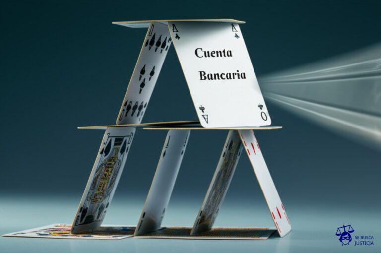 Un castillo de naipes, con una cuenta bancaria escrita en la carta superior, y una ligera brisa a punto de derribarlo. Representa: Negligencia en la aplicación de medidas cautelares sobre cuentas