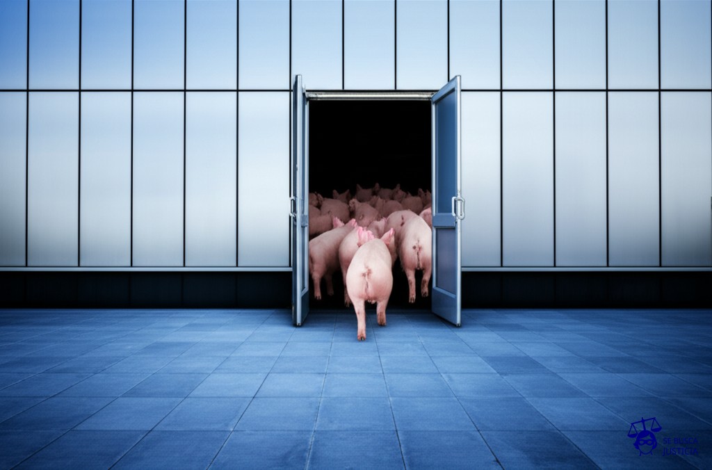 Un edificio de oficinas con una fachada impecable. Sin embargo, la puerta principal está abierta de par en par, y desde ella se ve una estampida de cerdos corriendo hacia el interior. Representa: Negligencia en la fiscalización administrativa
