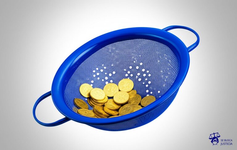 Un colador con agujeros enormes intentando atrapar monedas de oro que caen a través de él. Representa: Negligencia en la prevención de fraudes electrónicos
