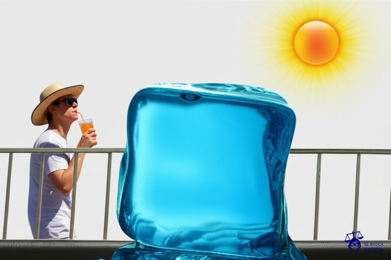 Un cubo de hielo derritiéndose rápidamente sobre un balcón, con un sol radiante brillando directamente sobre él, mientras un hombre con un sombrero de sol y gafas de sol toma una bebida fría, mirando hacia otro lado. Representa: Negligencia estatal ante desastres ambientales