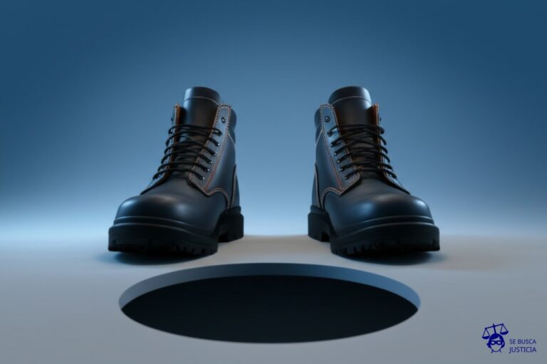 Un par de zapatos de seguridad nuevos y relucientes, colocados prolijamente al lado de un gran agujero en el suelo. Representa: No cobertura de ART ante accidentes laborales