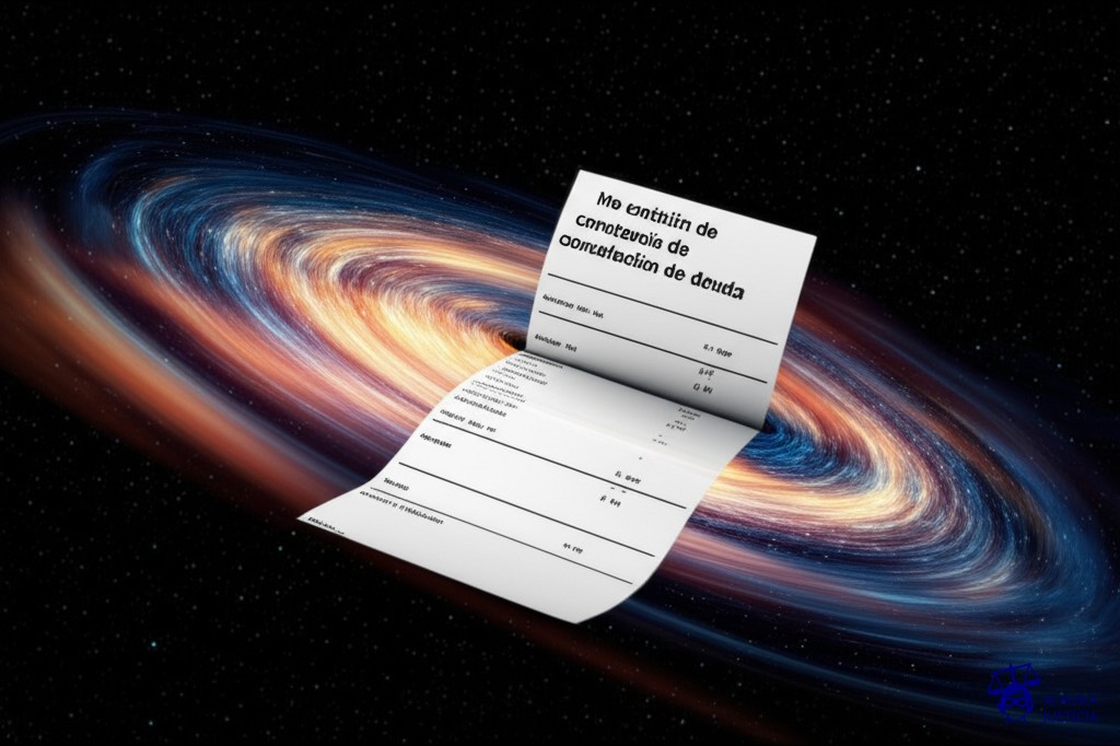 Un gran agujero negro tragándose un recibo de pago. Representa: No emisión de constancia de cancelación de deuda