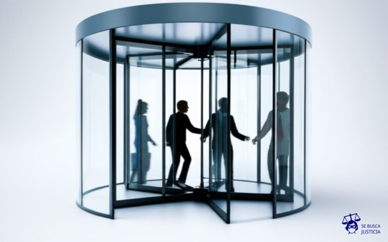 Un grupo de personas intentan entrar a una puerta giratoria, pero cada vez que se acercan, la puerta gira impidiéndoles el paso. Representa: No inclusión en convenios colectivos