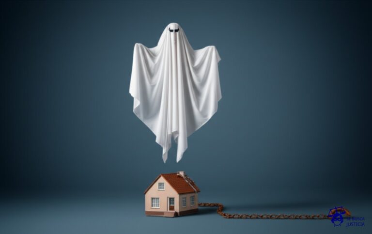 Un fantasma con una sábana, flotando sobre una casa, con una cadena invisible atada a un poste oxidado en el suelo. Representa: No inscripción de la propiedad en el Registro