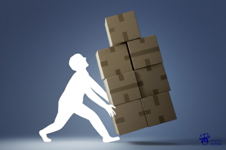 Un fantasma invisible, con forma de persona, cargando pesadas cajas. Representa: No registración del empleo (trabajo en negro)