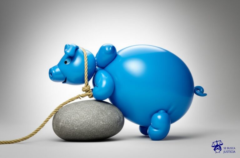 Un globo aerostático con forma de cerdito, severamente desinflado y amarrado a una gran piedra. Representa: Obligaciones incumplidas con entidades financieras