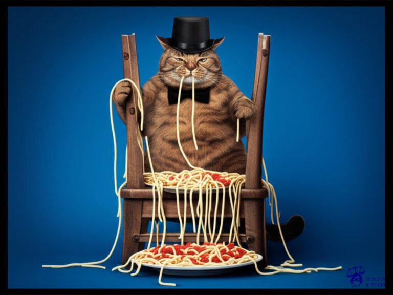 Un gato gordo y desaliñado, con un sombrero de copa mal puesto, intentando comerse un plato lleno de espaguetis que se desbordan y caen por todos lados, mientras está sentado en una silla rota. Representa: Obras generadas por IA sin régimen claro de titularidad