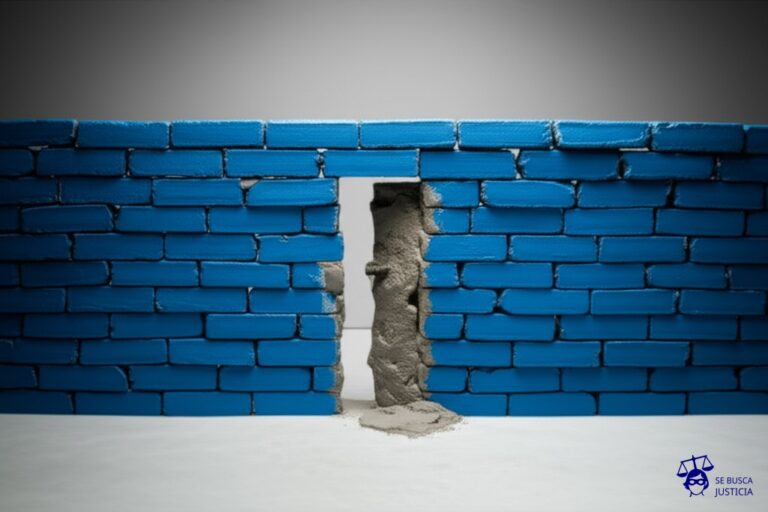 Un gran muro de ladrillos torcidos y mal construidos, con una única y diminuta puerta tapiada con cemento fresco. Representa: Obstaculización de auditorías contables