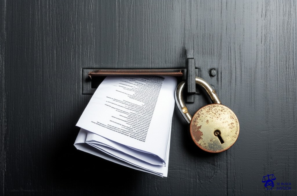 Una gran puerta cerrada con un candado enorme y oxidado, con una pequeña ranura para el correo en la parte inferior, donde se ve un puñado de papeles intentando ser introducidos. Representa: Obstaculización del derecho de audiencia