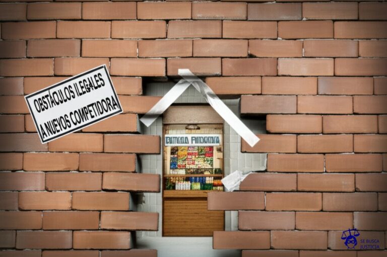 Un gran muro de ladrillos irregulares, con un cartel torcido que indica Entrada Prohibida. El muro está construido alrededor de una tienda pequeña y humilde. En el lado del muro, hay un pequeño agujero mal tapado con cinta adhesiva. Representa: Obstáculos ilegales a nuevos competidores