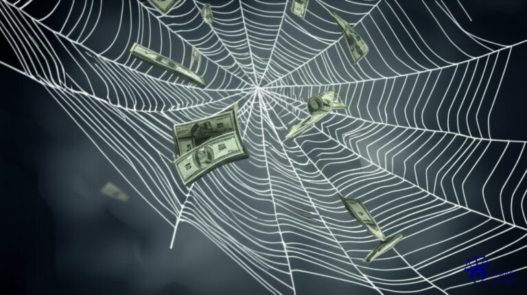 Una gran telaraña, densa y pegajosa, llena de pequeños objetos brillantes (representando el dinero) atrapados en ella. Representa: Obstáculos para la devolución de saldos a favor
