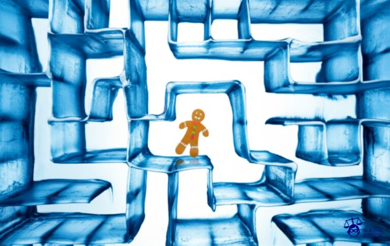 Un laberinto intrincado hecho de bloques de hielo translúcidos, con una pequeña figura (estilo hombre de jengibre) intentando desesperadamente avanzar, dejando tras de sí un rastro de migas congeladas. Representa: Obstáculos para registrar propiedad intelectual en jurisdicciones extranjeras