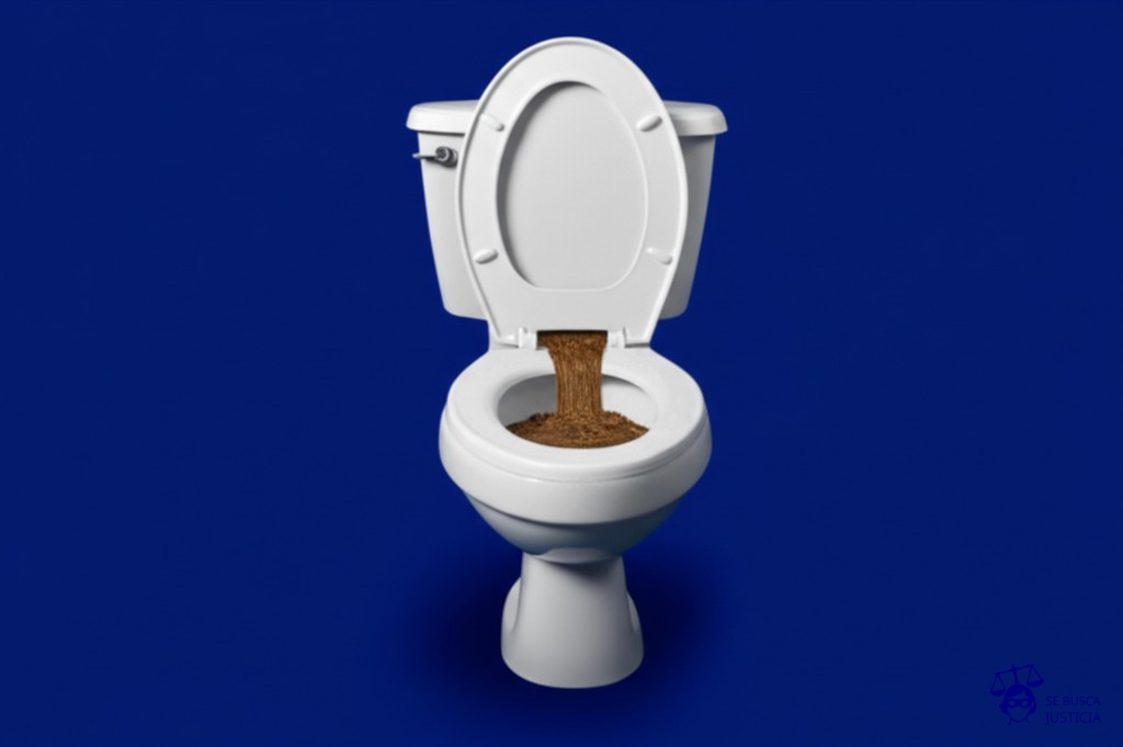 Un inodoro constantemente atascado, rebosante de excremento. Representa: Obstrucción reiterada del régimen comunicacional