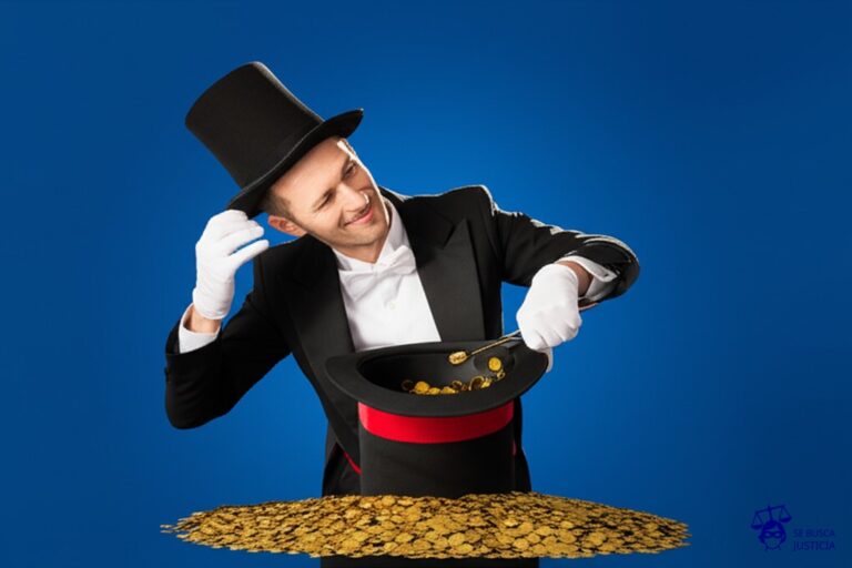 Un mago, con un gran sombrero vacío, intenta desesperadamente meter una montaña de monedas de oro en su sombrero, pero solo logra que se desborden y caigan al suelo, mientras él mira hacia otro lado con una sonrisa fingida. Representa: Ocultamiento de activos en concursos preventivos