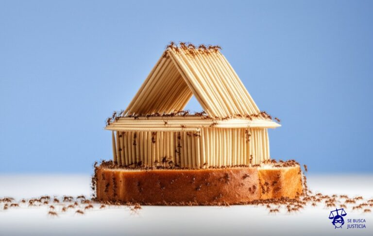 Un grupo de hormigas (diminutas) construyendo una enorme y grotesca casa de palillos de dientes sobre una migaja de pan (el terreno baldío). Representa: Ocupación ilegal de terreno baldío