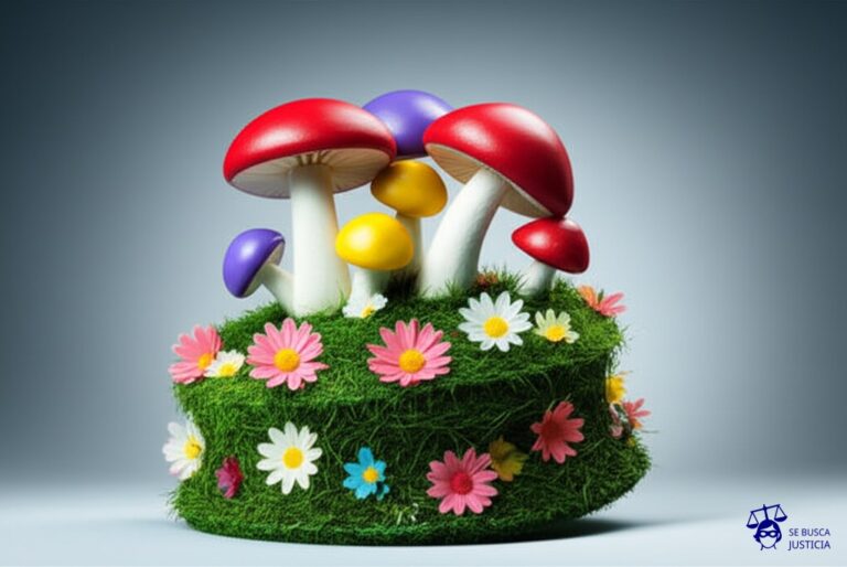 Un grupo de hongos gigantes, con sombreros coloridos y brillantes, creciendo desordenadamente sobre un pastel de cumpleaños cubierto de hierba y flores, que se inclina peligrosamente hacia un lado. Representa: Ocupación irregular de reservas ecológicas